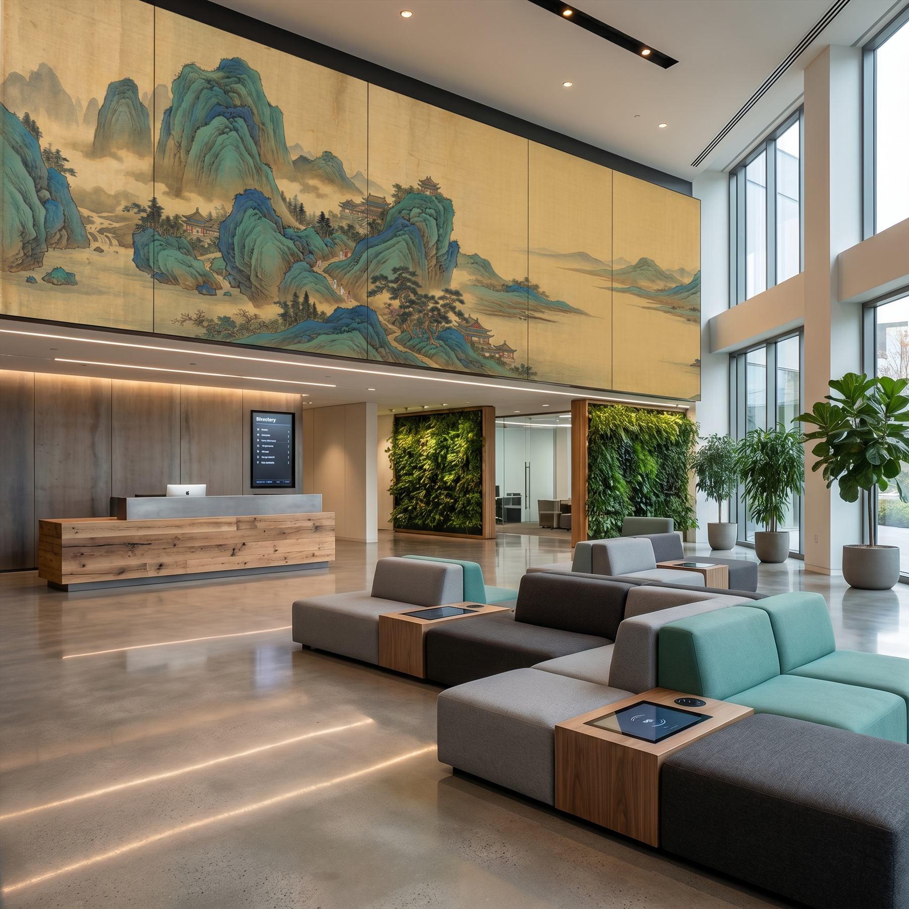 Traditional-Chinese-Landscape Panoramic-Mural Cyan-Green-Ochre