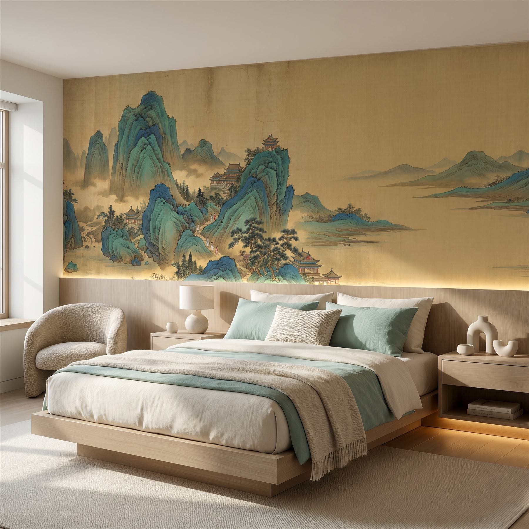 Traditional-Chinese-Landscape Panoramic-Mural Cyan-Green-Ochre - 五星酒店卧室 - Minimalist Elegance