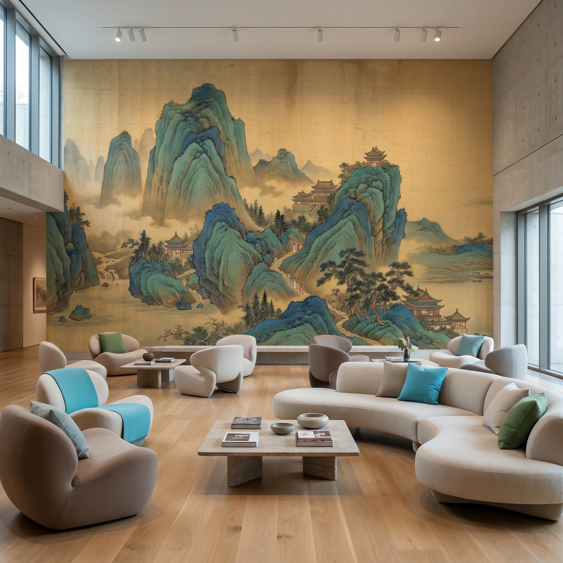 Traditional-Chinese-Landscape Panoramic-Mural Cyan-Green-Ochre - 文化艺术中心休息区 - Cultural Center Lounge