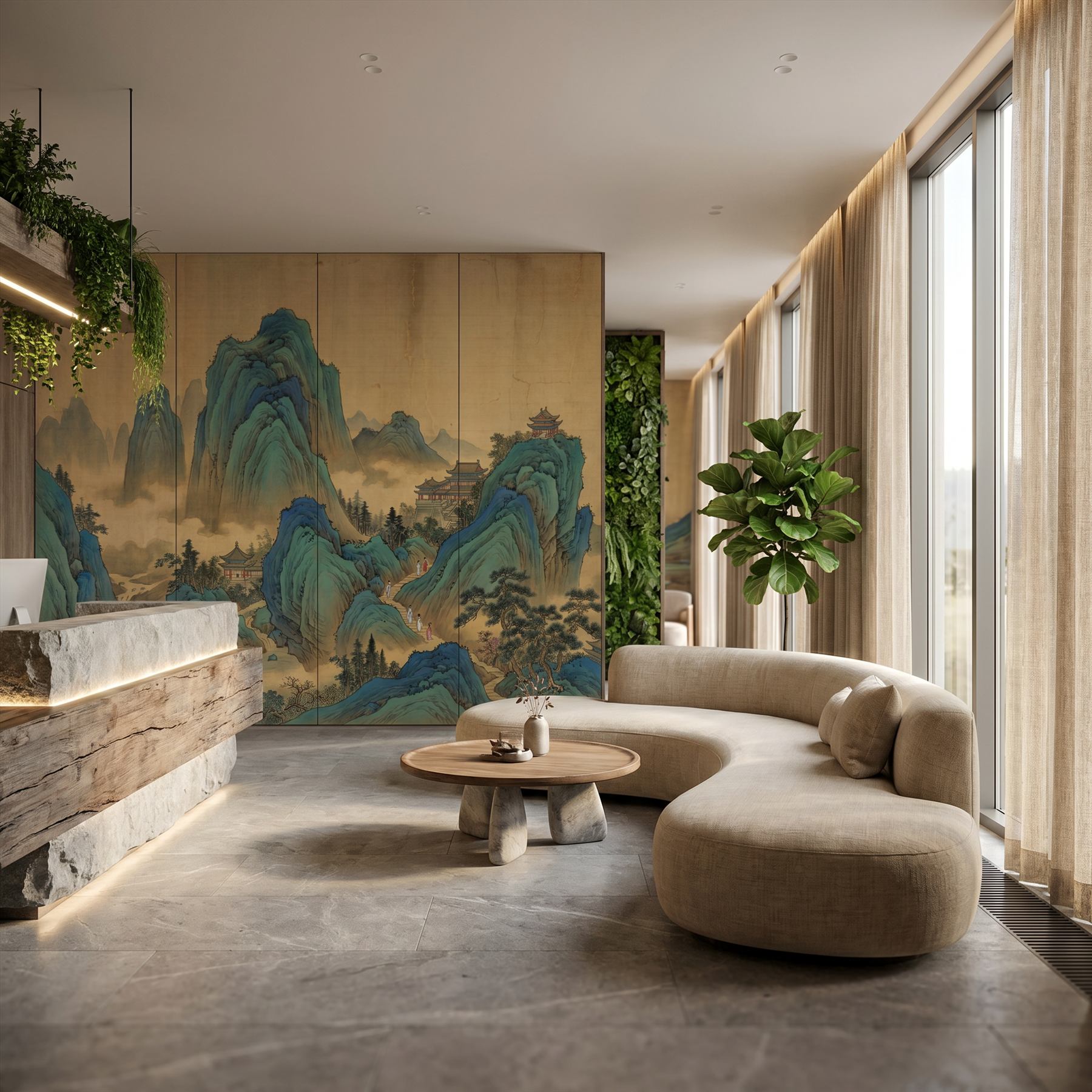 Traditional-Chinese-Landscape Panoramic-Mural Cyan-Green-Ochre - 高端SPA会所 - Zen Wellness