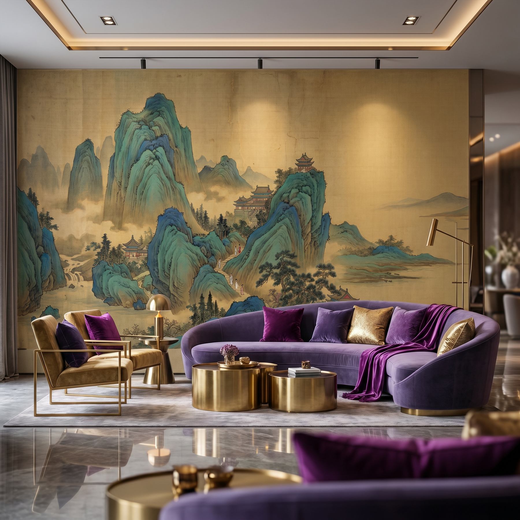 Traditional-Chinese-Landscape Panoramic-Mural Cyan-Green-Ochre - 私人会所休息区 - Private Club Lounge
