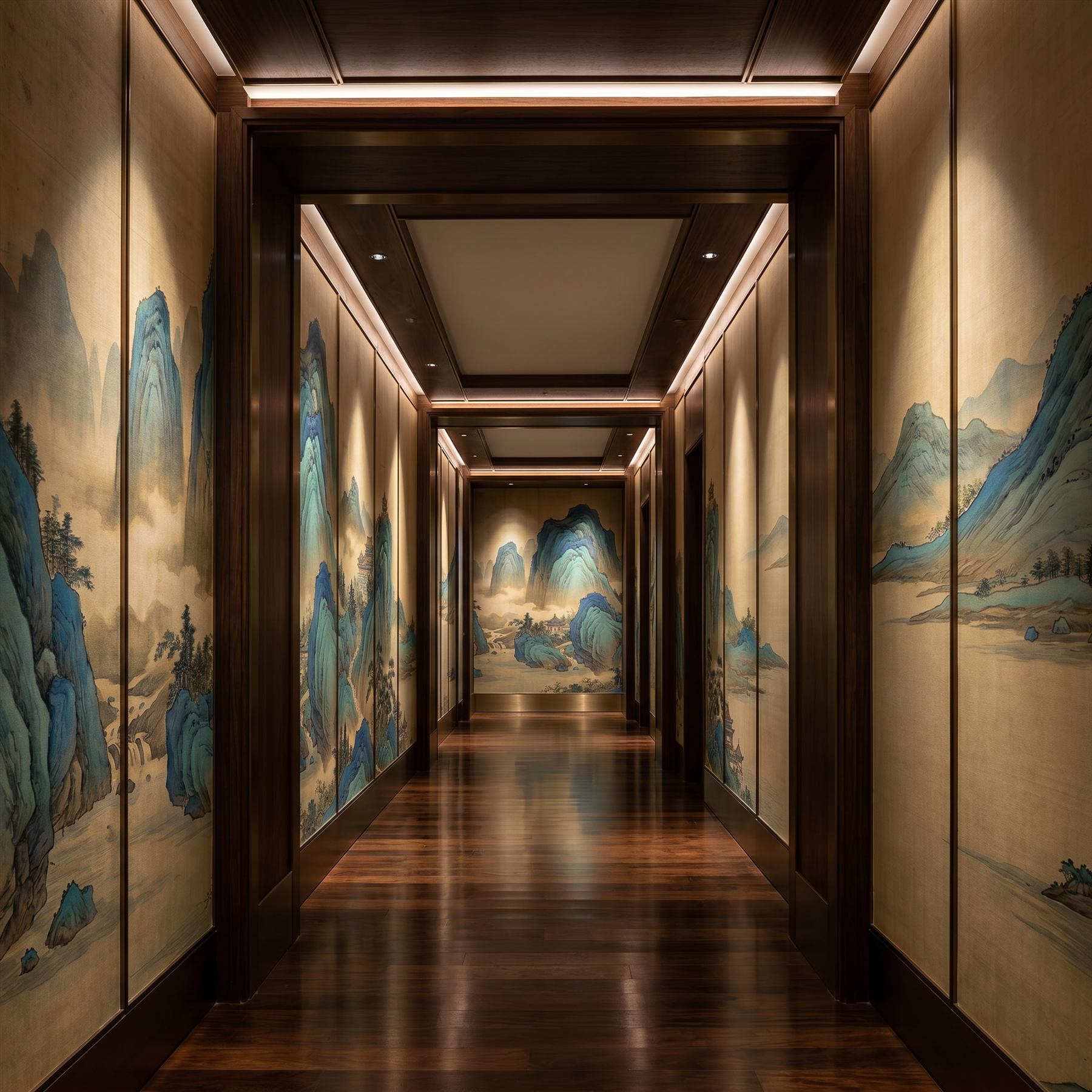 Traditional-Chinese-Landscape Panoramic-Mural Cyan-Green-Ochre - 豪华会所走廊 - Modern Corridor