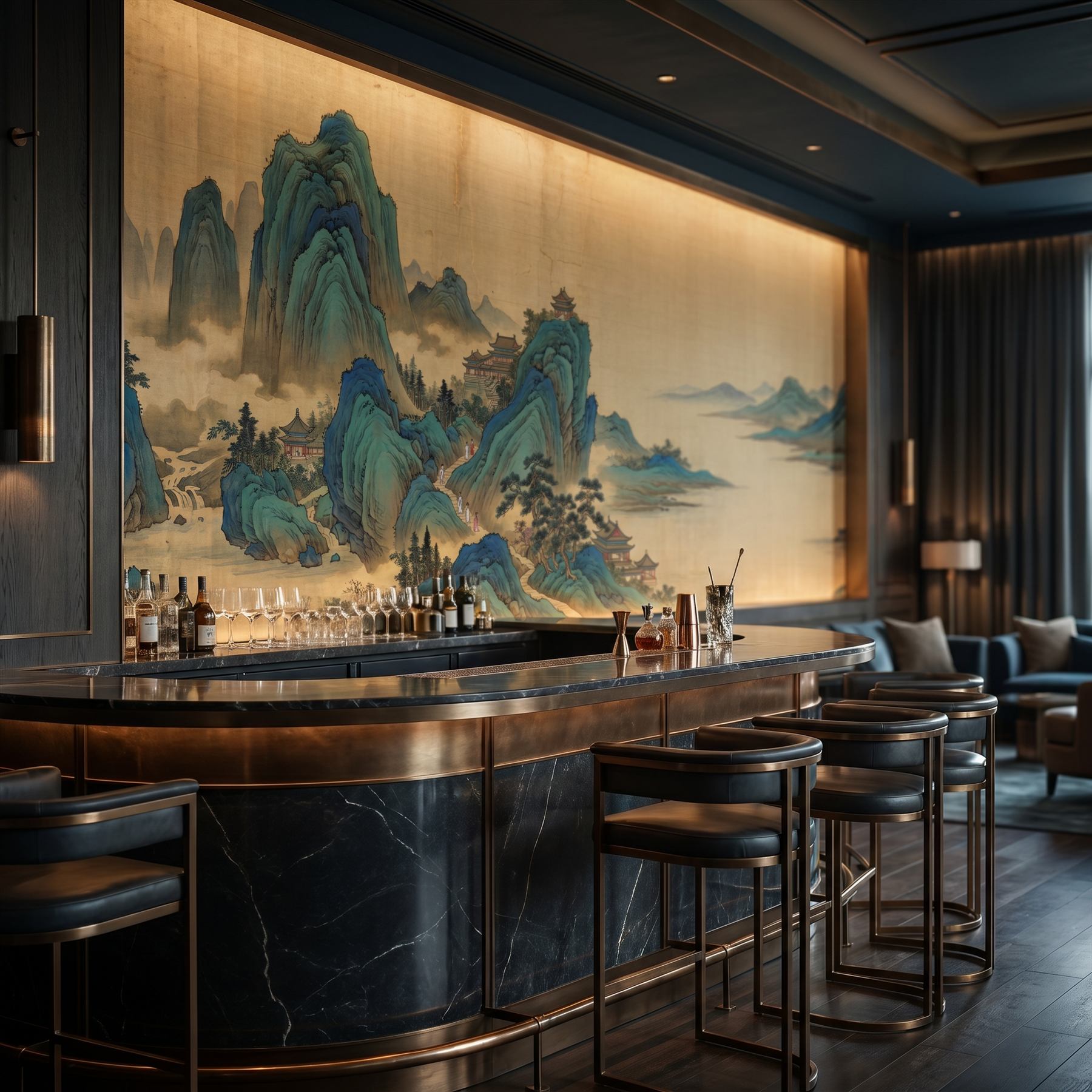 Traditional-Chinese-Landscape Panoramic-Mural Cyan-Green-Ochre - 精品酒店酒吧 - Boutique Hotel Bar