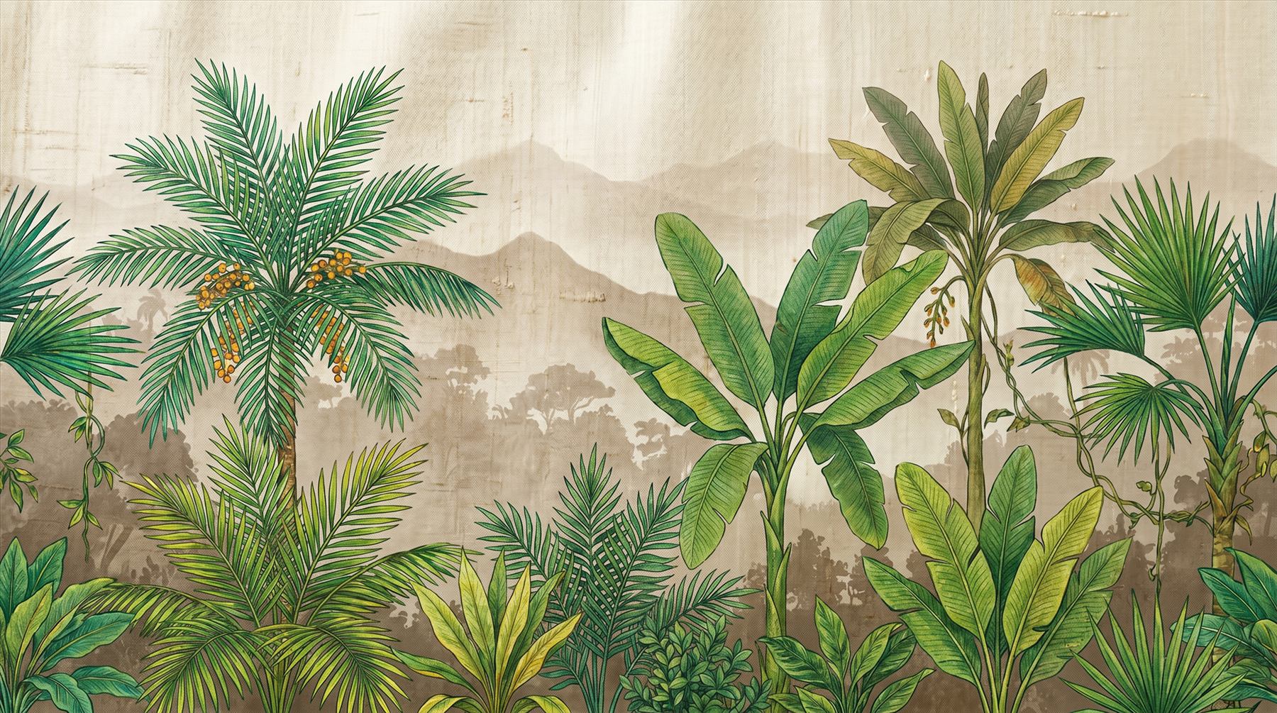 Tropical-Botanical-Mural-for-Luxury-Interior-Emerald-Lush Detail Fine-Gongbi-Dupioni-Print 02