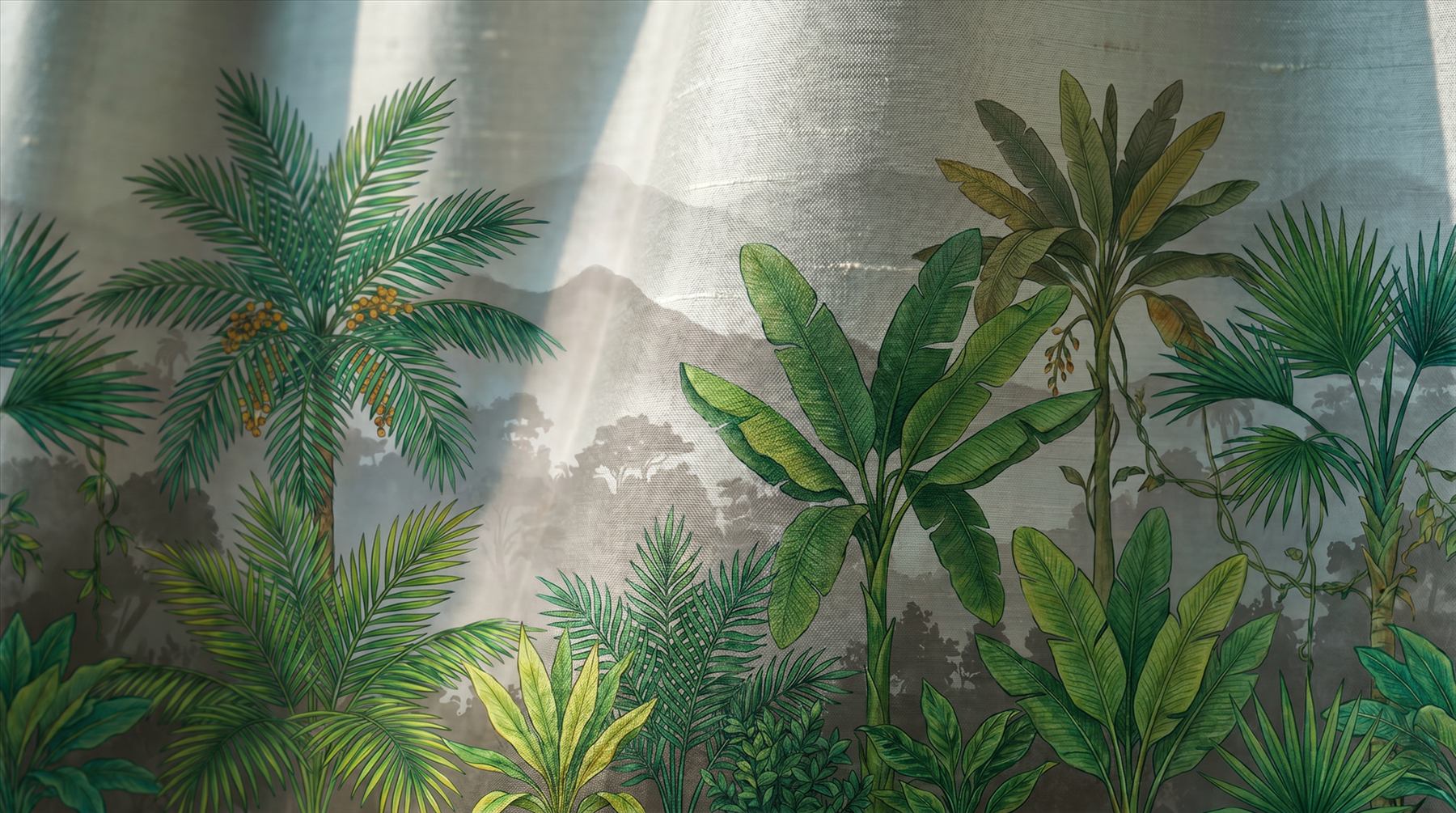 Tropical-Botanical-Mural-for-Luxury-Interior-Emerald-Lush Detail Fine-Gongbi-Dupioni-Print 01
