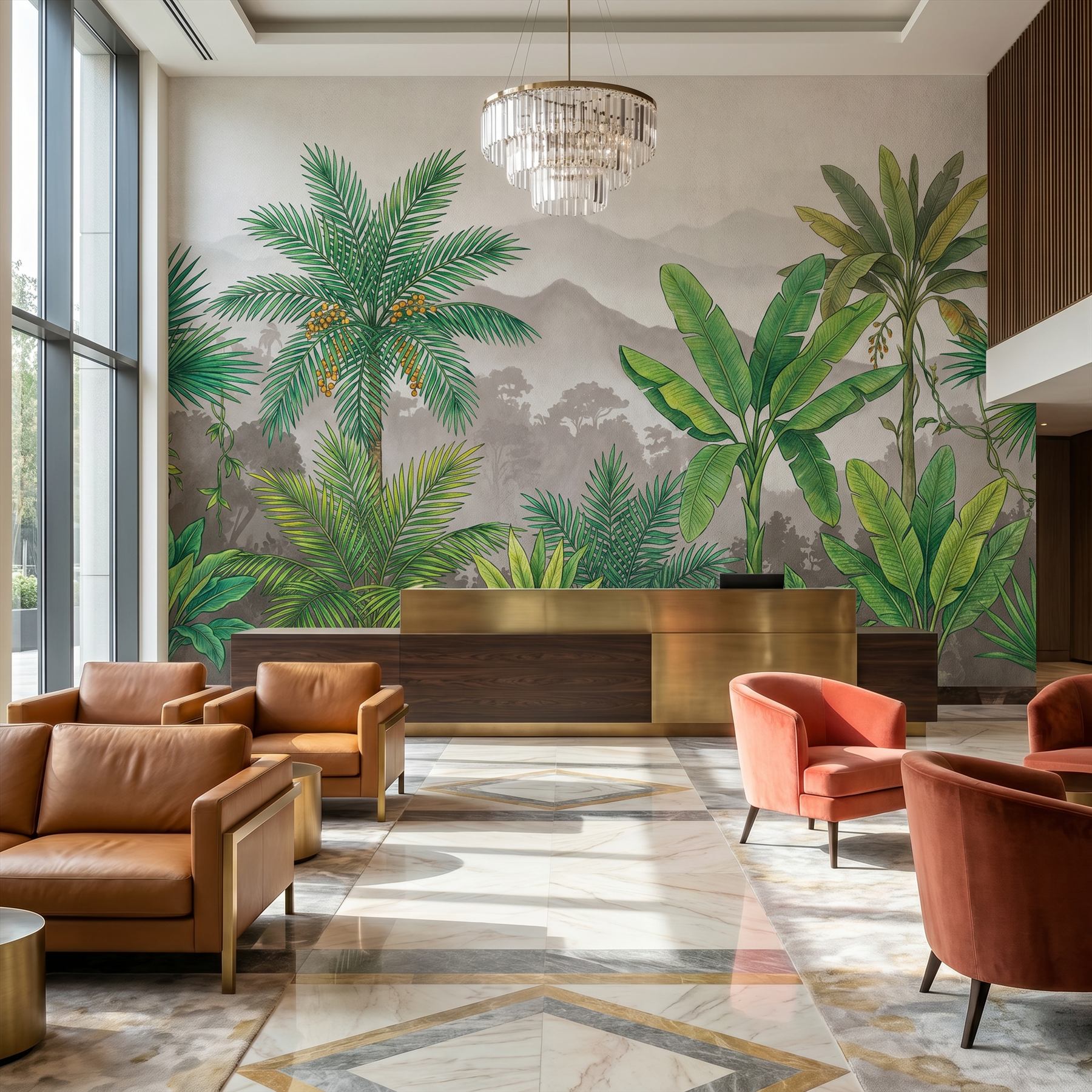 Tropical-Botanical-Mural-for-Luxury-Interior-Emerald-Lush Detail Ultra-Fine-Chenille-Print 01