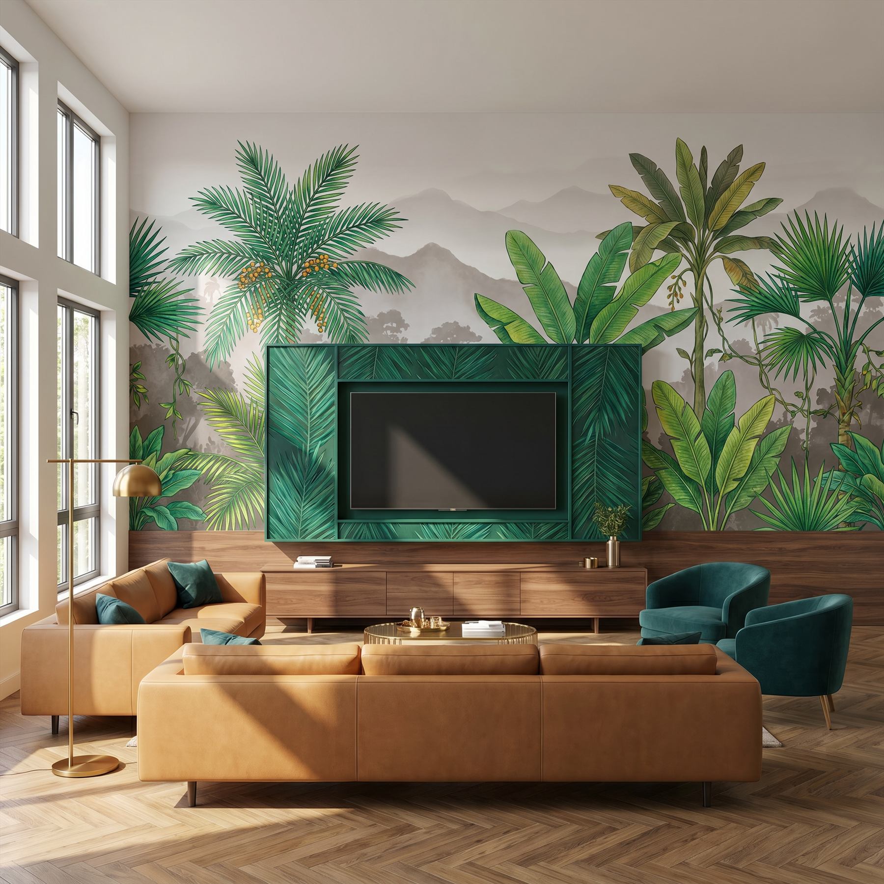 Tropical-Botanical-Mural-for-Luxury-Interior-Emerald-Lush Luxury-Living-Room 04