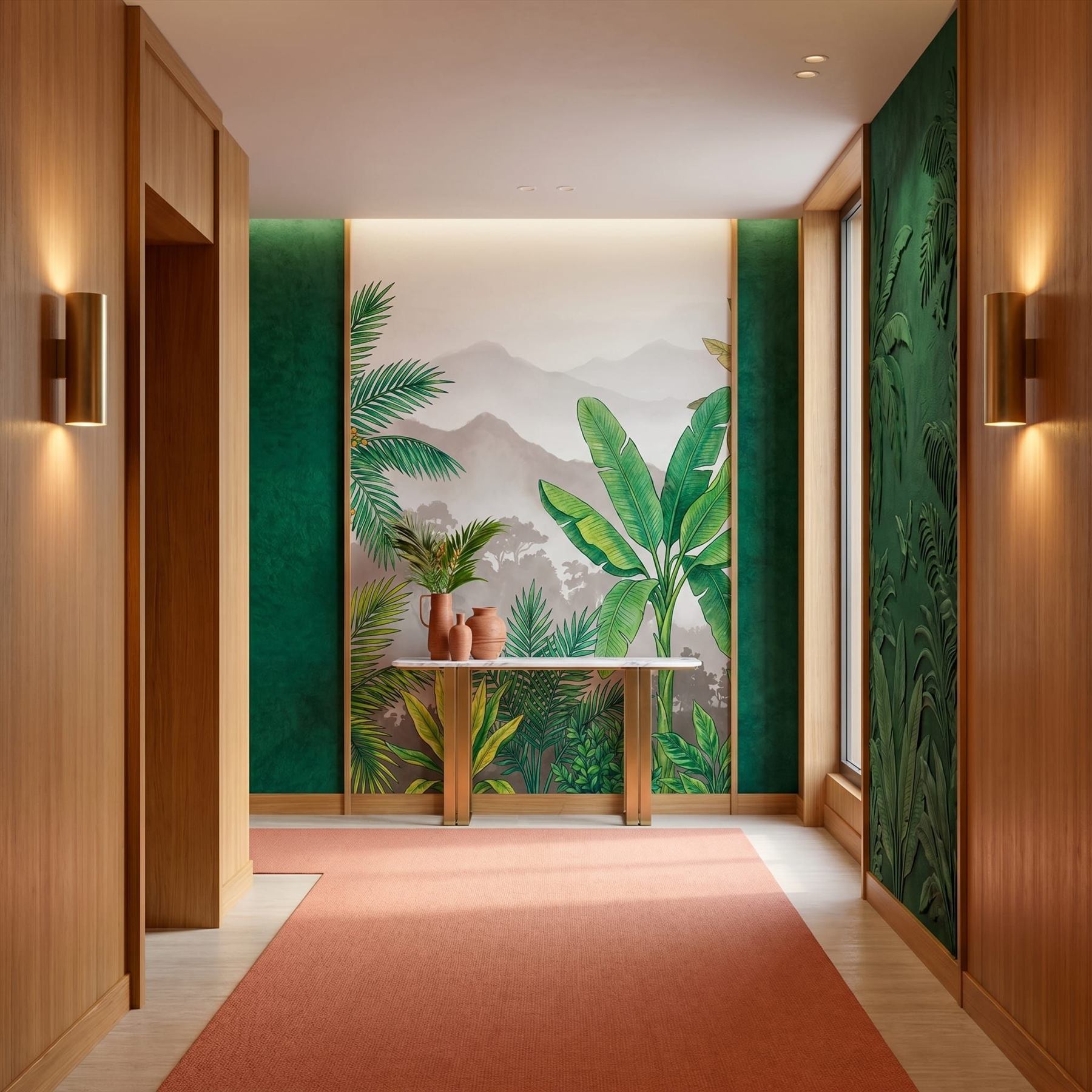 Tropical-Botanical-Mural-for-Luxury-Interior-Emerald-Lush Hotel-Corridor 07